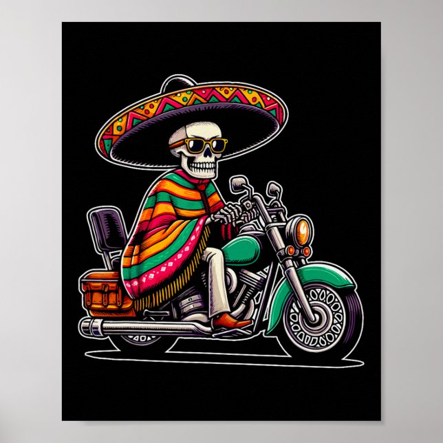 Affiche Motorcycle Skeleton Biker Mexicain Sombrero Cinco  (Devant)