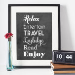 Affiche Mots Inspiration de retraite | Typographie noire<br><div class="desc">Cadeau de retraite mur d'art affiche design avec des mots qui orthographient RETIRE dans le style blanc : "Relax,  Entertain,  Travel,  Indulge,  Read,  Enjoy" avec "Wishing you a very happy Retirez" texte. L'Arrière - plan a une apparence de tableau noir texturé.</div>