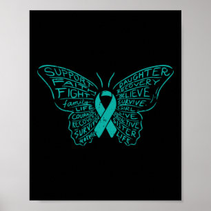 Affiche Mots Papillon Turquoise Ribbon Support Cancer de l