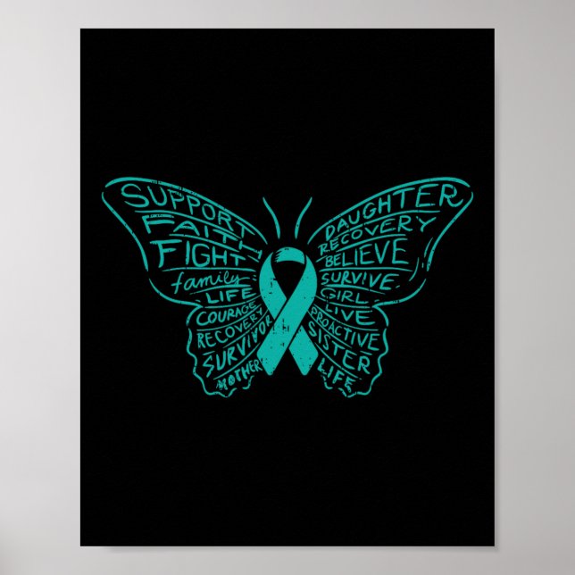 Affiche Mots Papillon Turquoise Ribbon Support Cancer de l (Devant)
