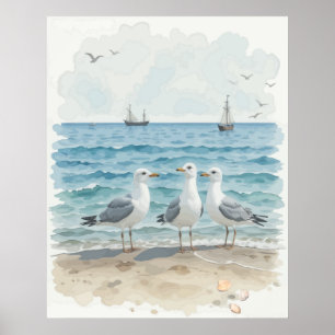 Affiche Mouettes d'aquarelle à la plage Océan côtier