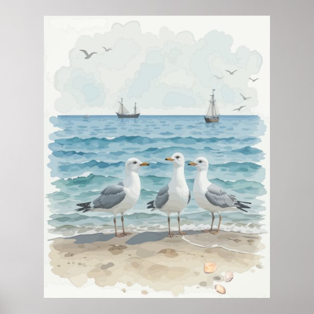 Affiche Mouettes d'aquarelle à la plage Océan côtier (Devant)