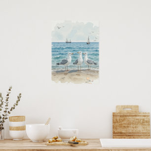 Affiche Mouettes d'aquarelle à la plage sur mesure côtière