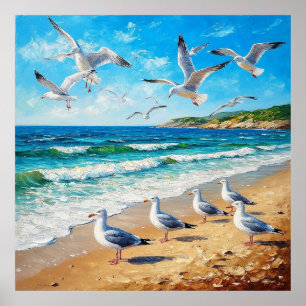 Affiche Mouettes sur un rivage avec des vagues océaniques