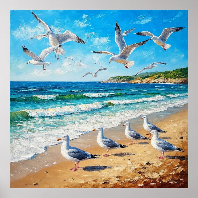 Affiche Mouettes sur un rivage avec des vagues océaniques (Devant)