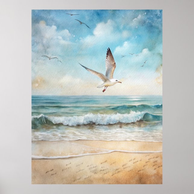 Affiche Mouettes volant sur une plage (Devant)