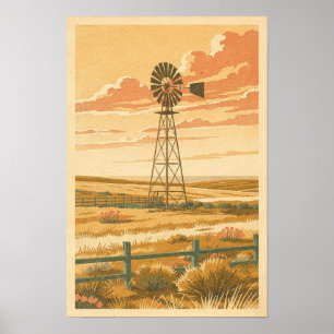 Affiche Moulin à vent de la prairie au crépuscule Voyage R