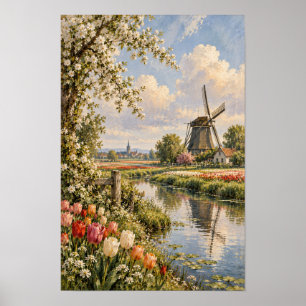 Affiche Moulin à vent et mur de canal aux tulipes inspirés