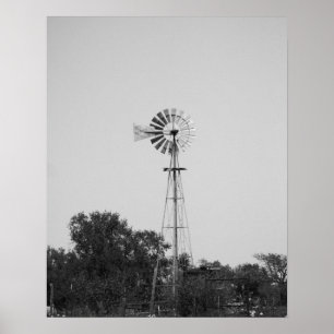 Affiche Moulin à vent noir et blanc dans un Texas Field 16