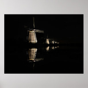 Affiche Moulins à vent illuminés, Kinderdijk la nuit affic