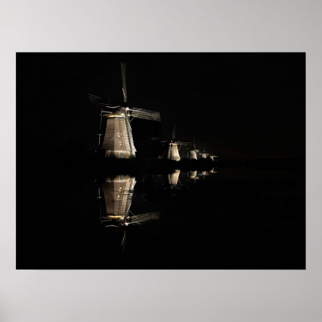 Affiche Moulins à vent illuminés, Kinderdijk la nuit affic (Devant)