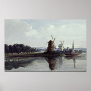 Affiche Moulins à vent par une rivière, 19ème siècle