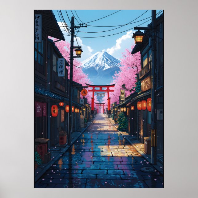 Affiche Mount Fuji Cherry Blossom Street Japanese Torii (Devant)