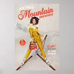 Affiche "Mountain Brewskis" Cool Retro Ski Pinup Art
