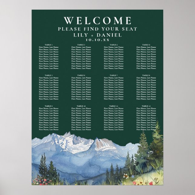 Affiche Mountain Floral Emerald Wedding Seating Chart (Devant)