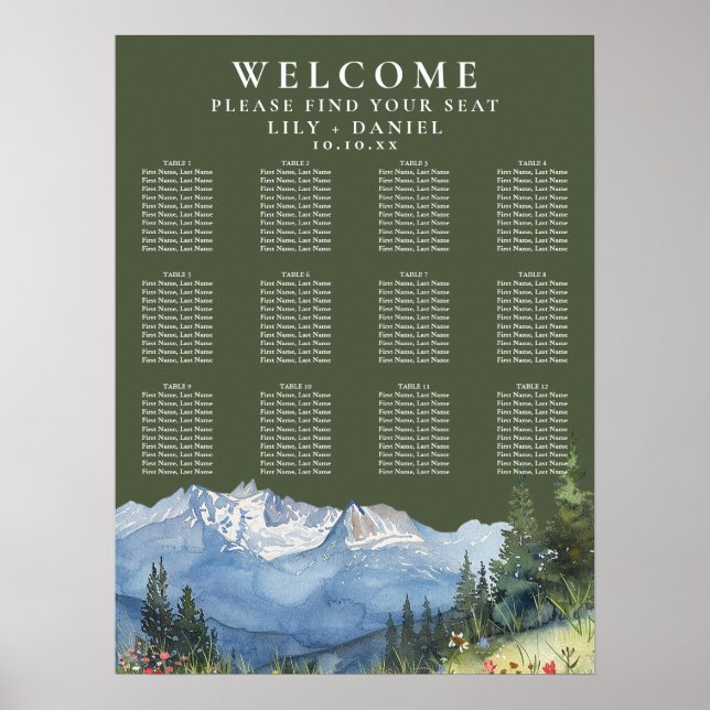 Affiche Mountain Floral Olive Green Wedding Seating Chart (Devant)