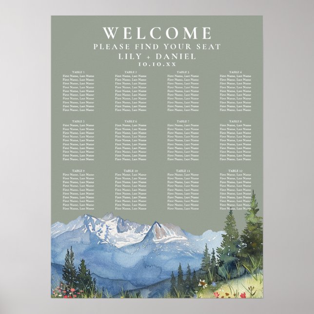 Affiche Mountain Floral Sage Green Wedding Seating Chart (Devant)
