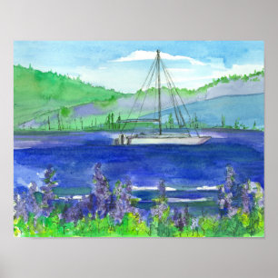Affiche Mountain Lake Catamaran aquarelle peinture