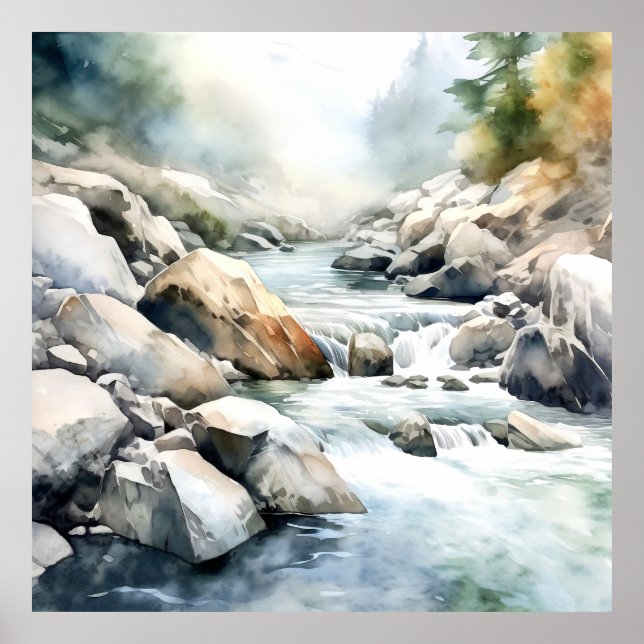 Affiche Mountain River Alaska Watercolor Peinture (Devant)