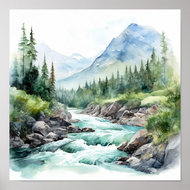 Affiche Mountain River Alaska Watercolor Peinture (Devant)
