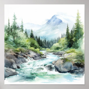 Affiche Mountain River Alaska Watercolor Peinture