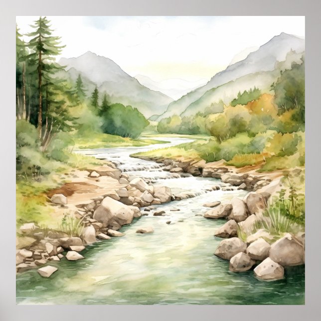 Affiche Mountain River Alaska Watercolor Peinture (Devant)