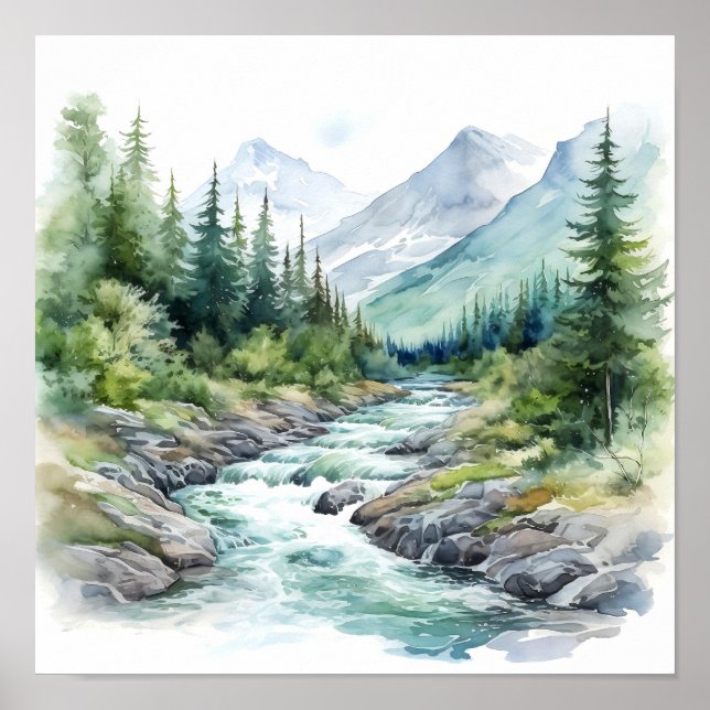 Affiche Mountain River Alaska Watercolor Peinture (Devant)