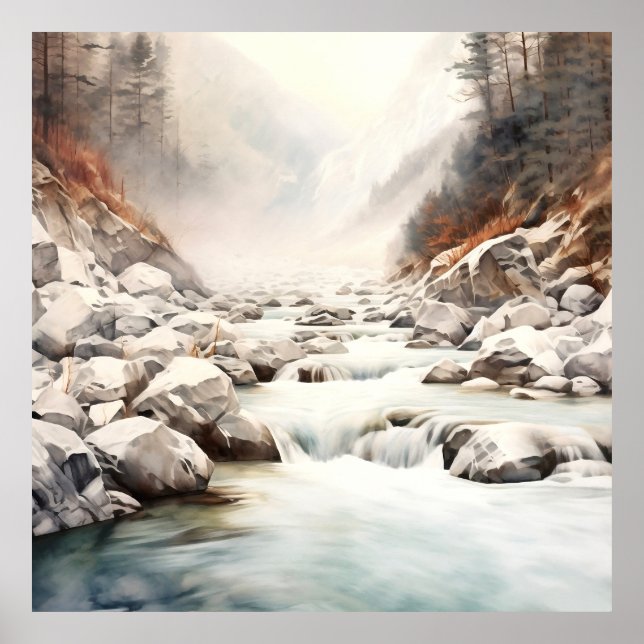 Affiche Mountain River Alaska Watercolor Peinture (Devant)