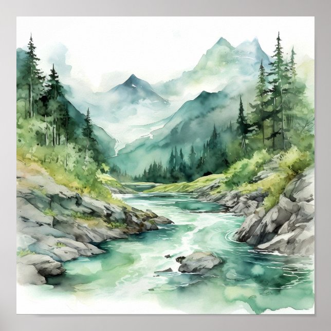 Affiche Mountain River Alaska Watercolor Peinture (Devant)