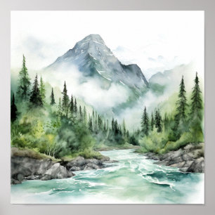 Affiche Mountain River Alaska Watercolor Peinture