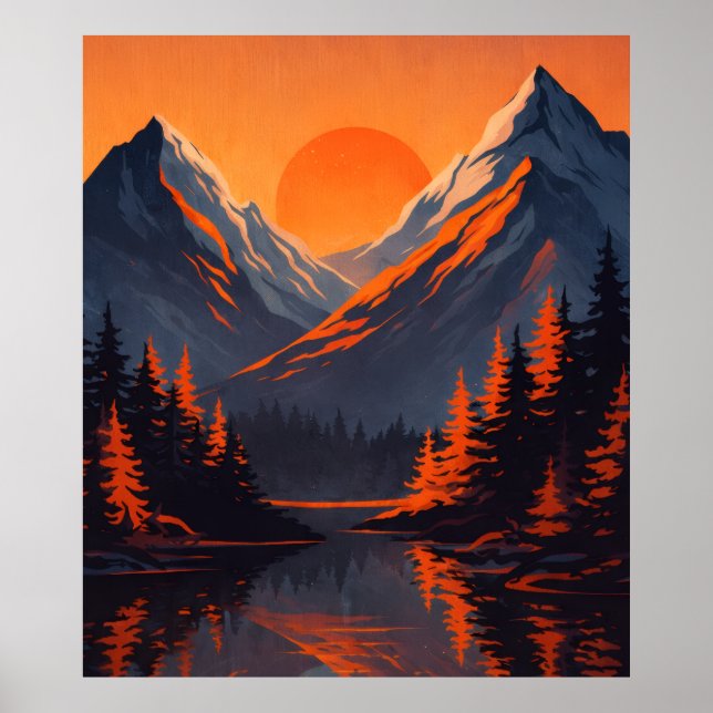 Affiche Mountain Sunset Reflection Fiery Orange Sky  (Devant)