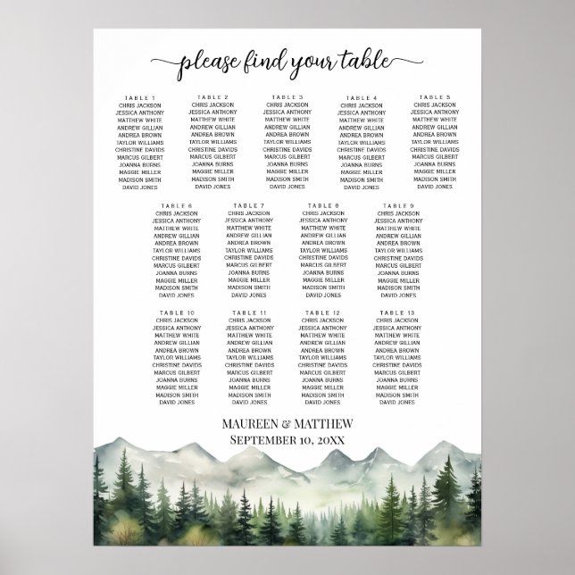 Affiche Mountains and Pines 13 Tables Wedding Seating (Devant)
