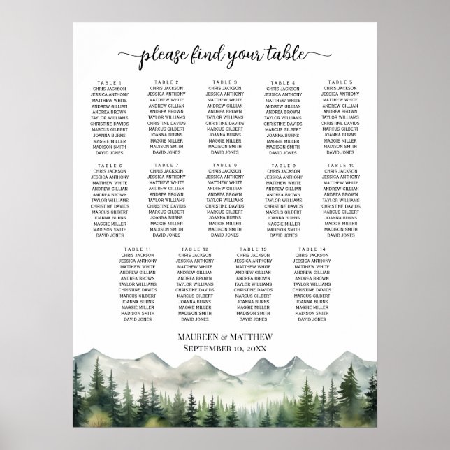 Affiche Mountains and Pines 14 Tables Wedding Seating (Devant)