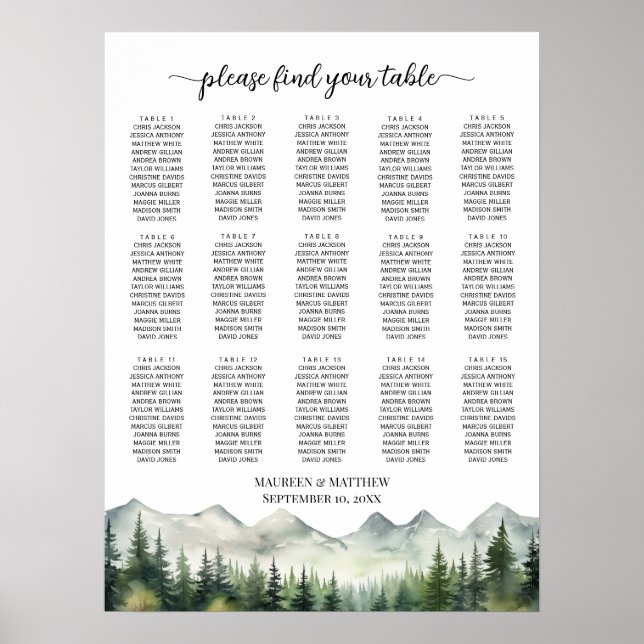 Affiche Mountains and Pines 15 Tables Wedding Seating (Devant)