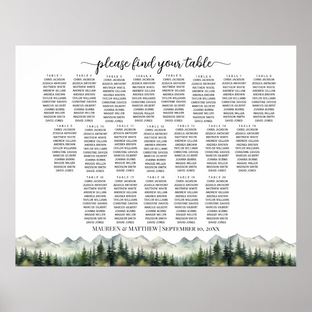 Affiche Mountains and Pines 20 Tables Wedding Seating (Devant)