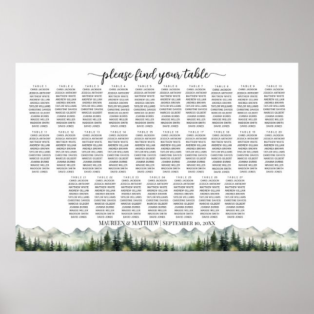 Affiche Mountains and Pines 27 Tables Wedding Seating (Devant)