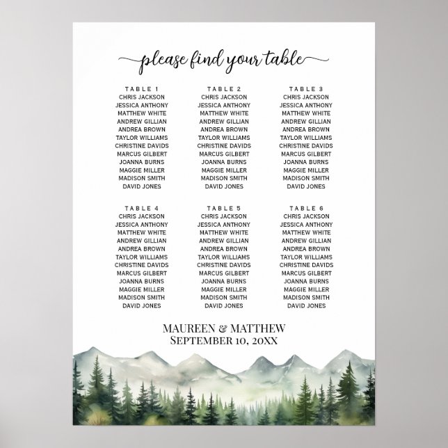 Affiche Mountains and Pines 6 Tables Wedding Seating (Devant)