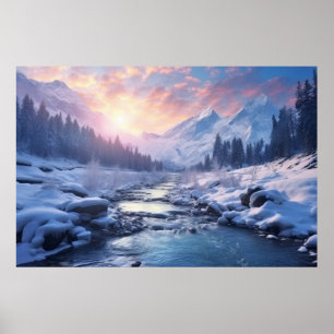 Affiche Mountains River Serene Paysage Art