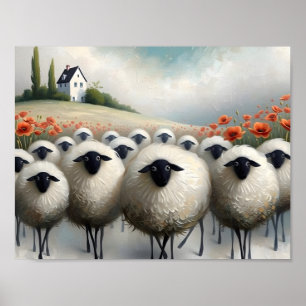 Affiche Mouton adorable champ de coquelicots et une maison