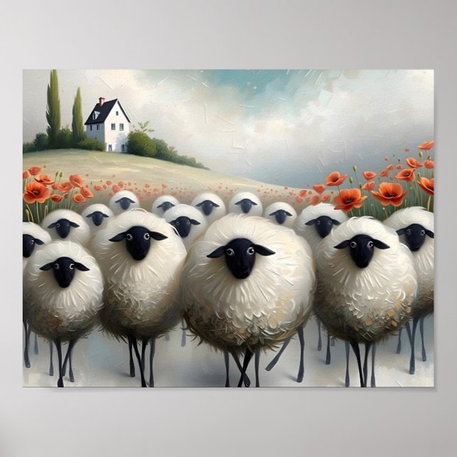 Affiche Mouton adorable champ de coquelicots et une maison (Devant)