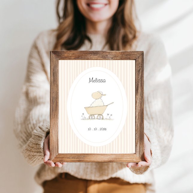 Affiche Mouton Beige Mignon Douce Date de Naissance de la  (customizable name date baby nursery poster with a cute sheep in a wheelbarrow and beige stripes.)