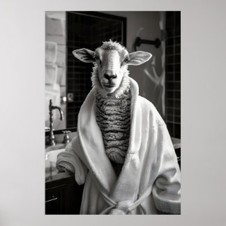 Affiche Mouton drôle en robe de chambre imprimé salle de b