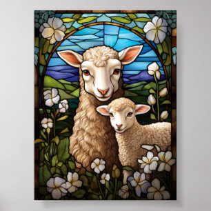 Affiche Mouton et agneau en vitrail pastoral dans une prai
