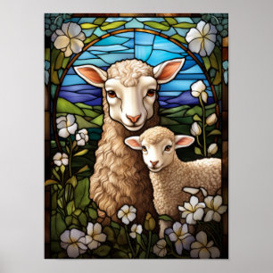 Affiche Mouton et agneau en vitrail pastoral dans une prai