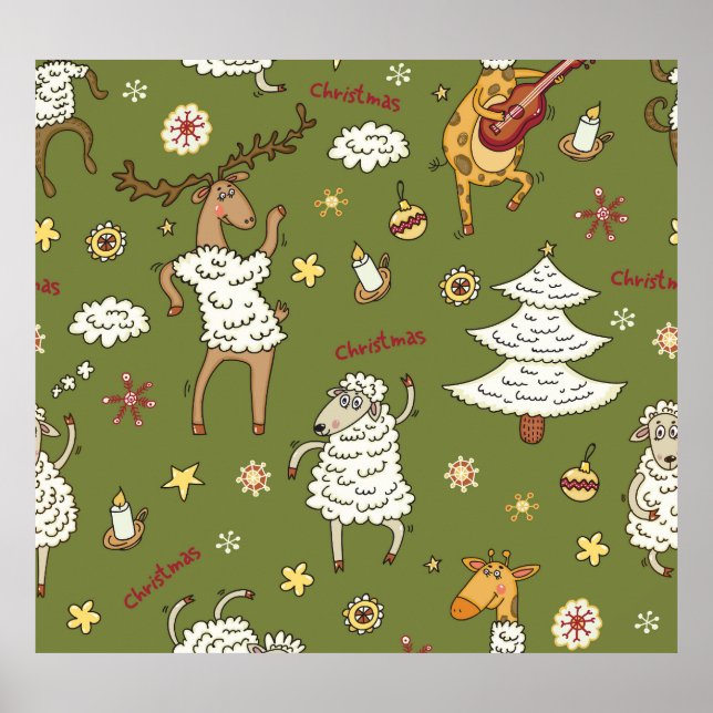 Affiche Moutons de Noël : Illustration Vintage animale. (Devant)