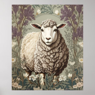 Affiche Moutons Élégants Fond de Fleur de Lavande