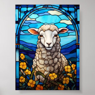 Affiche Moutons en Verre Coloré dans une Prairie Printaniè