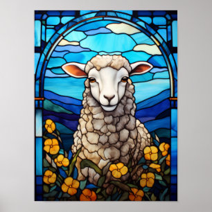 Affiche Moutons en Verre Coloré dans une Prairie Printaniè