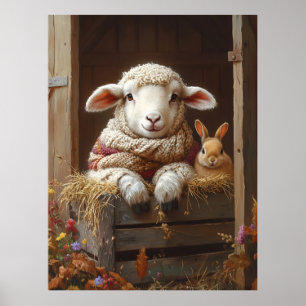 Affiche Moutons et lapin douillets en Grange avec Fleurs