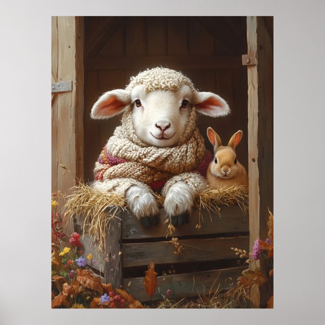 Affiche Moutons et lapin douillets en Grange avec Fleurs (Devant)